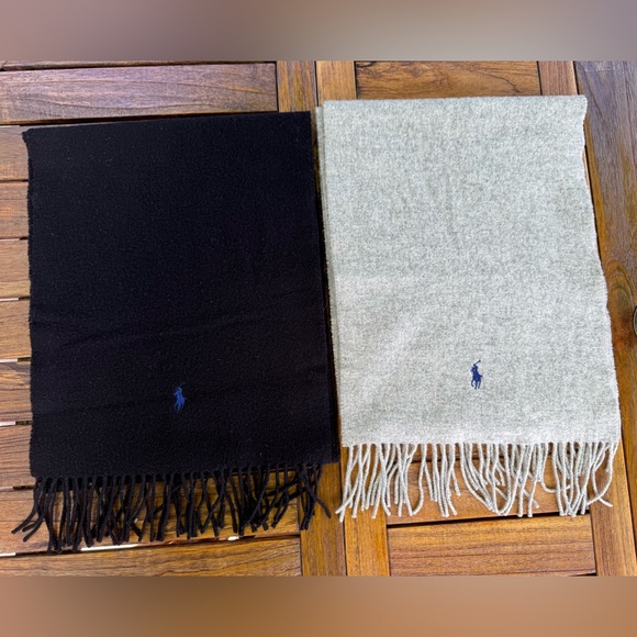 POLO RALPH LAUREN Lot of 2 Lambs Wool Scarves Men’s Fringe Scarf Black Gray Grey - Picture 1 of 5